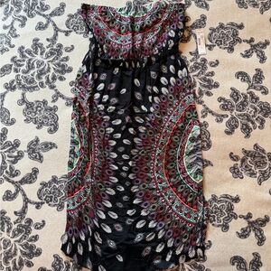 Black Boho Strapless Maxi Dress with Teal & Magenta Medallion Print